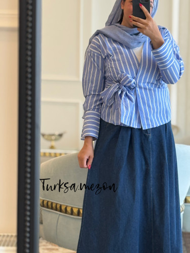 شومیز اسپرت -مجلسی ترند راه راه آبی گره پاپیونی ترک