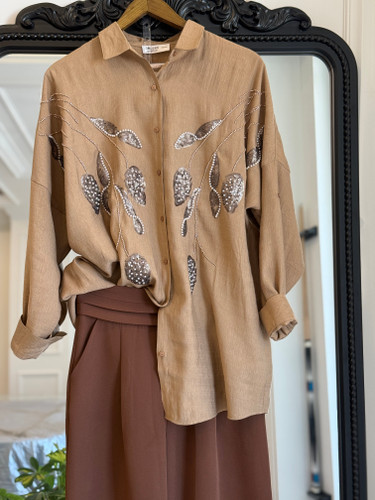 شومیز مجلسی جواهردوزی و گلدوزی شده نسکافه ای فری سایز ترک