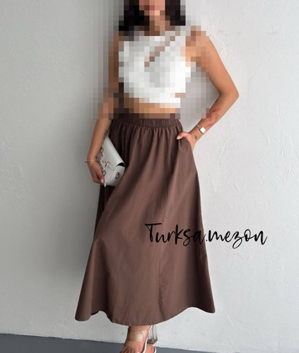 دامن کتان کاغذی جیبدار و کمرکش قهوه ای ترک🇹🇷